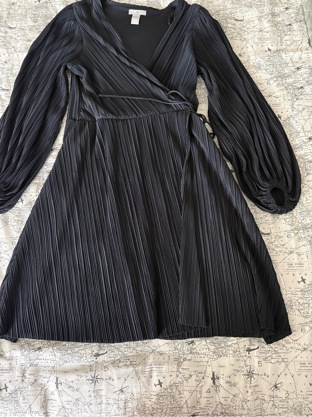 H&M Black Pleated Wrap Dress with Balloon Sleeves